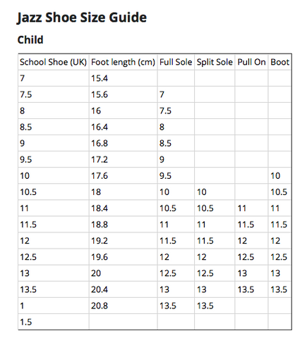 Capezio Toddler Size Chart