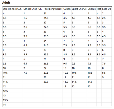 Capezio Size Chart