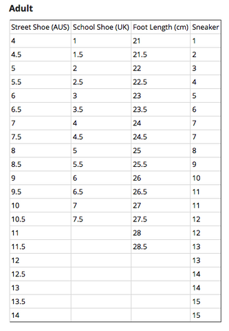 aus shoe size in cm