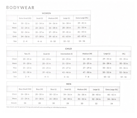 Dancewear Size Charts