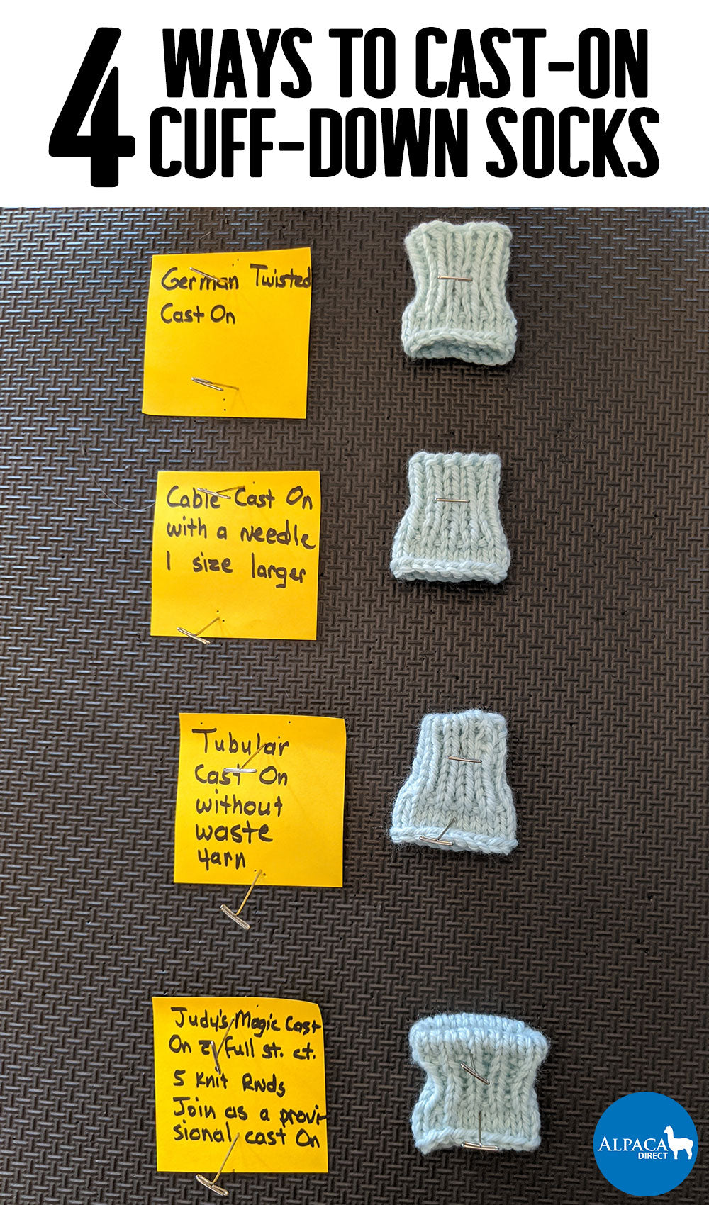 Photo of four different examples of ways to cast-on cuff-down socks.