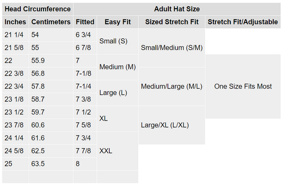 adult hat sizing chart