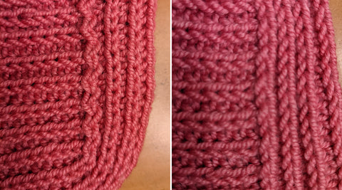 Photo of pink knitted yarn showing SSK and K2tog decreases