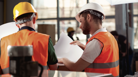 Two Australian workers wearing hard hats and safety equipment at a safety meeting in an Australian manufacturing facility.