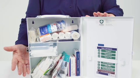 Brenniston National Standard Industrial Medium Risk First Aid Kit includes disposable gloves.