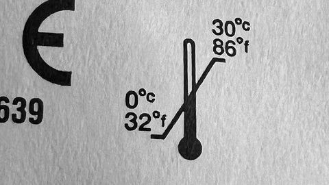 Photo of workplace first aid item showing a thermometer with a temperature range symbol to indicate the upper and lower temperature limits to which a first aid item can be safely exposed.