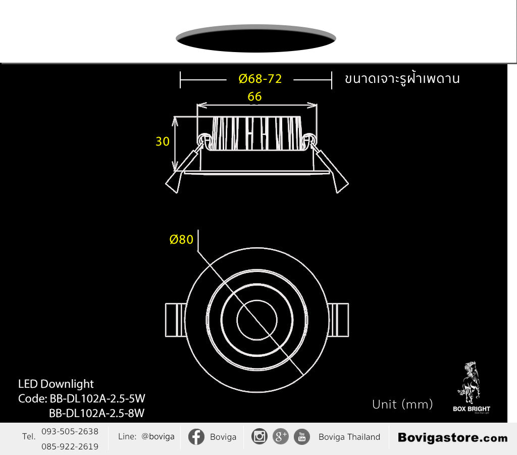 ขนาดโคมไฟ LED ดาวน์ไลท์ ขนาด 5W รุ่น CL102A แบรนด์ BOX BRIGHT