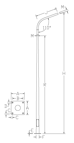 รูปร่าง และ โครงสร้าง เสาปลายเรียวกิ่งเดี่ยวชุบกัลวาไนท์กิ่งเดี่ยว ปลาย 1.5" สำหรับโคมไฟถนน ความสูง 3.0-9.0m แบรนด์ LUNAR ~ Tapered Lighting Pole: Single Arm