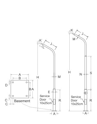 รูปร่าง และ โครงสร้าง เสาโคมไฟชุบกัลวาไนท์ ชนิดกิ่งเดี่ยว สูง 3.00-9.00 เมตร แบรนด์ LUNAR ~ Galvanized Steel Lighting Pole: Single Arm