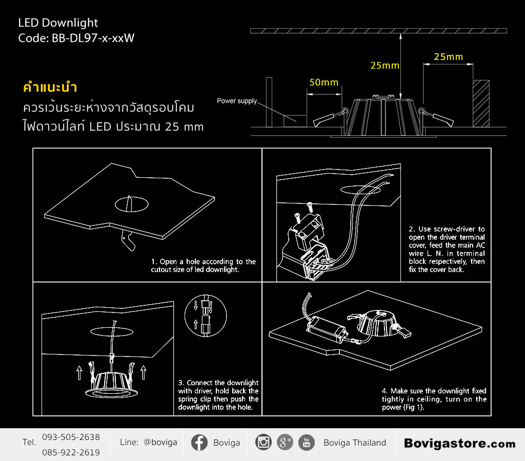 ขั้นตอนการติดตั้ง โคมไฟ LED ดาวน์ไลท์ รุ่น DL97 แบรนด์ BOX BRIGHT