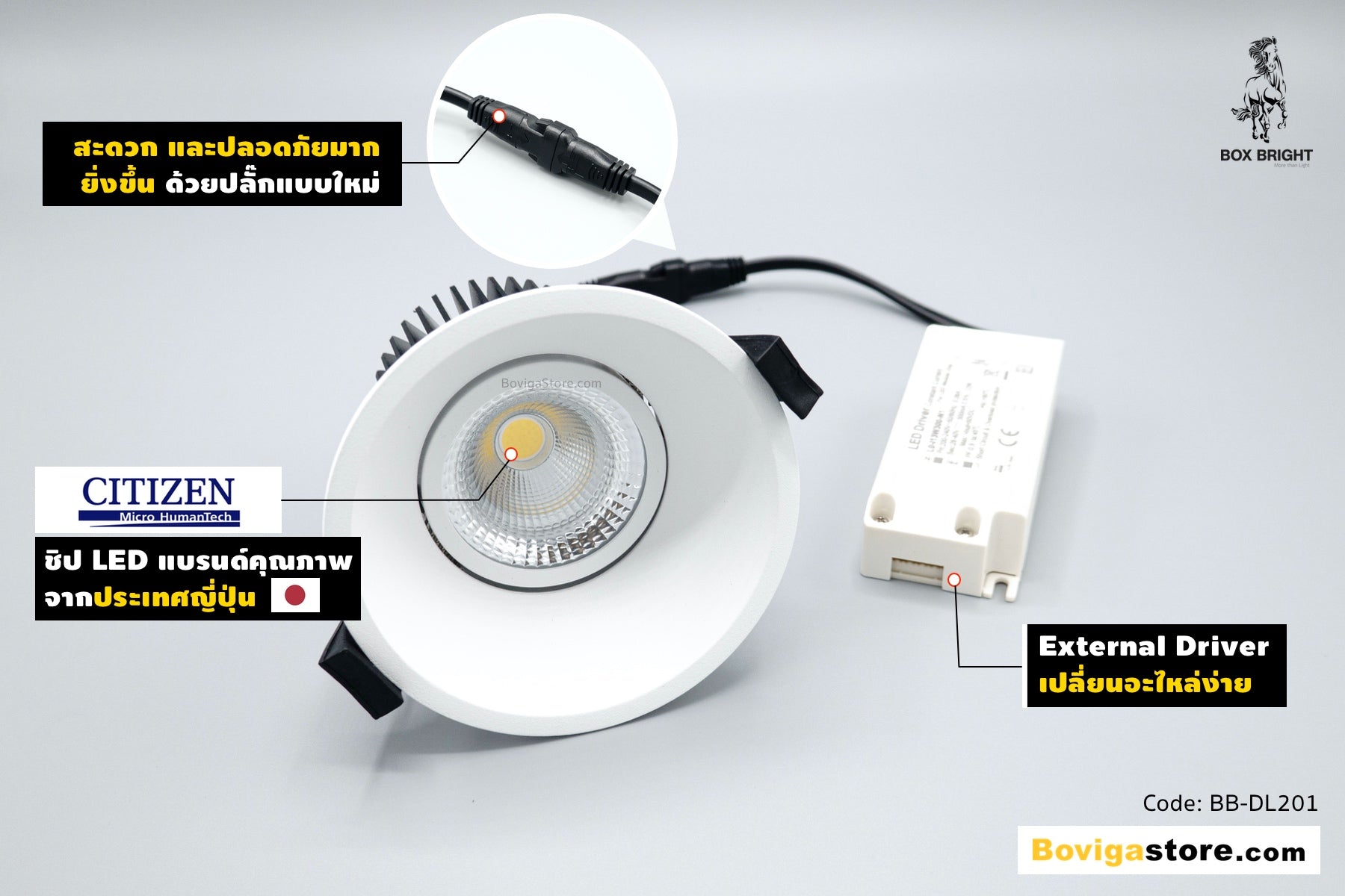 โคมไฟ ดาวไลท์ LED รุ่น DL201 แบรนด์ BOX BRIGHT เลือกใช้ชิป LED คุณภาพสูง แบรนด์ CITIZEN จากประเทศญี่ปุ่น