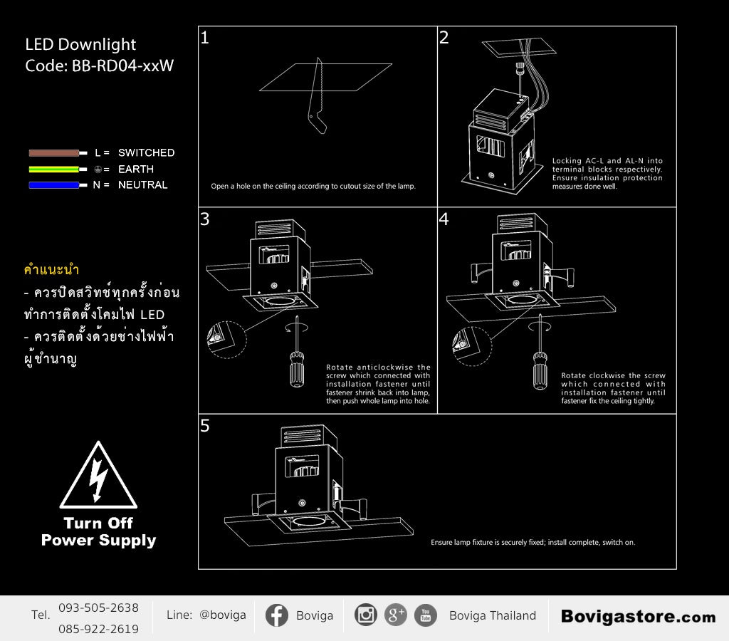 ขั้นตอนการติดตั้ง โคมไฟ LED ดาวน์ไลท์ รุ่น RD04 แบรนด์ BOX BRIGHT