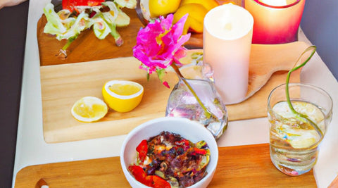 A white table cloth features three cutting boards covered with at home spa party snack bowls of healthy vegetables, a lemon cut in half, a glass of water with herbs, a purple flower in a vase of water, two lit candles. One lit candle is white and the other is magenta.