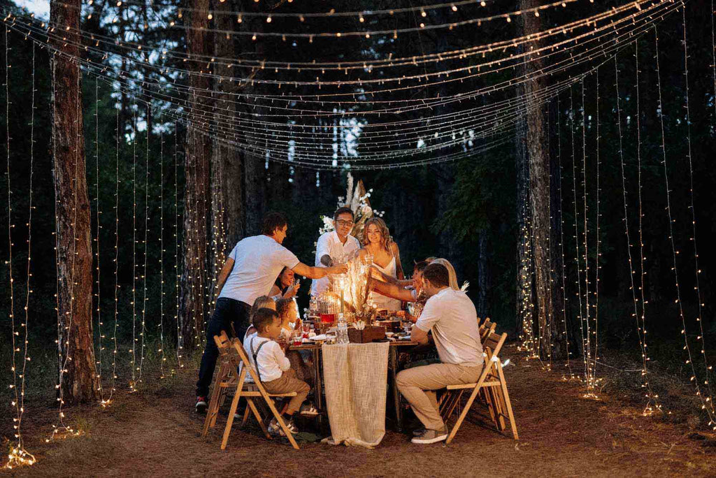 A bride and groom toast with a small family under fairy lights at a backyard boho wedding at night. 