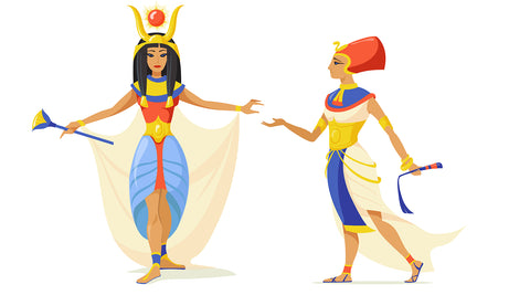 An illustration of a pharaoh and great royal wife showcase ancient Egyptian fashion. The wife wears a pair of illustrated flip flops while the pharaoh wears a more complex pair of cross strap sandals. 