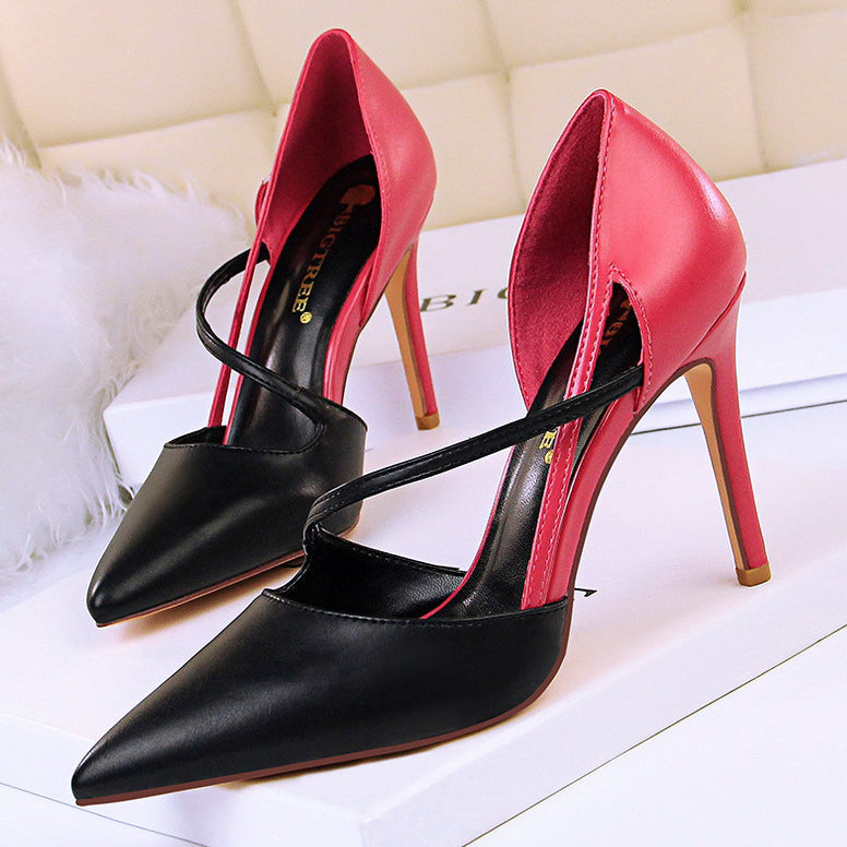 Fashionable sweet high heels women's high-heeled shallow mouth pointed color matching hollow wor