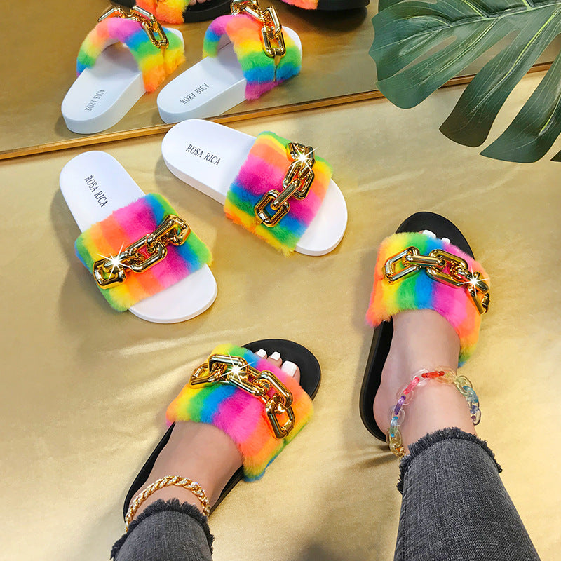 New casual fashion rainbow fur chain one-word sandals and slippers