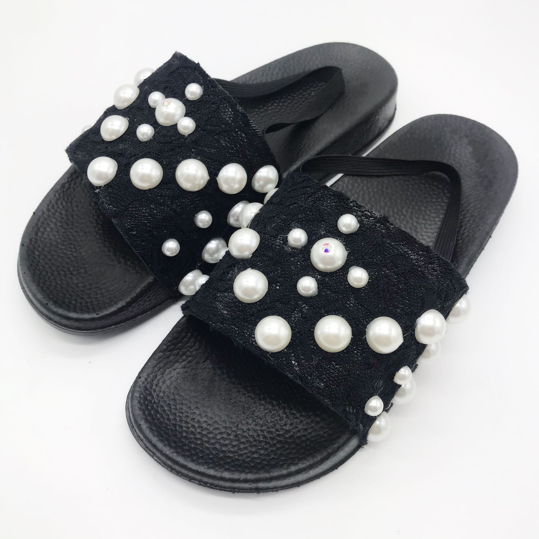 New summer women's craftsmanship lace pearl sandals flat casual one-line women's shoes