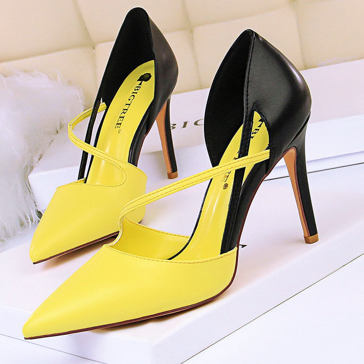 Fashionable sweet high heels women's high-heeled shallow mouth pointed color matching hollow wor