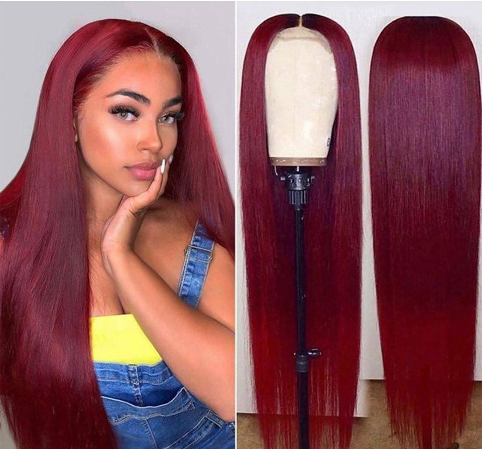 Half-length female long straight hair red black color wig