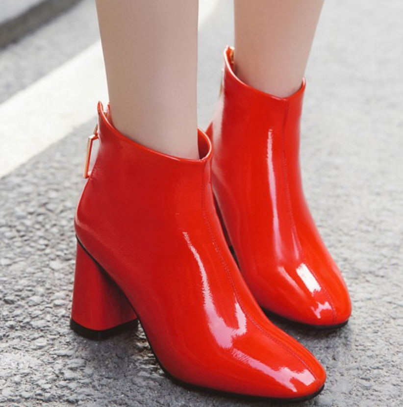 Hot style hot selling joker round head patent leather thick heel high heel ankle boots shoes