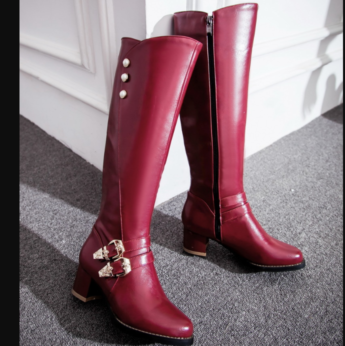 New pu medium thick leather boots with belt buckles, round head and high barrel shoes