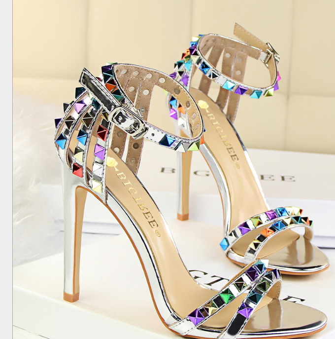 Hot style high heel open-toe one-word hollow-out color rivet sandals shoes