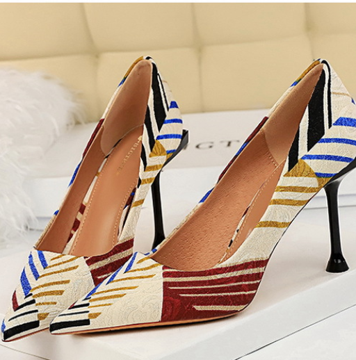 Hot style patchwork fabric with thin heels and ultra high heels shoes