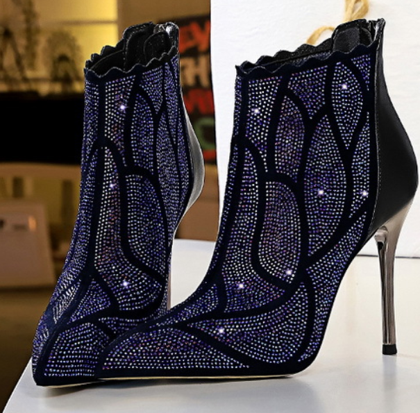 Explosive metal thin super high heel pointed toe slim rhinestone short boots shoes