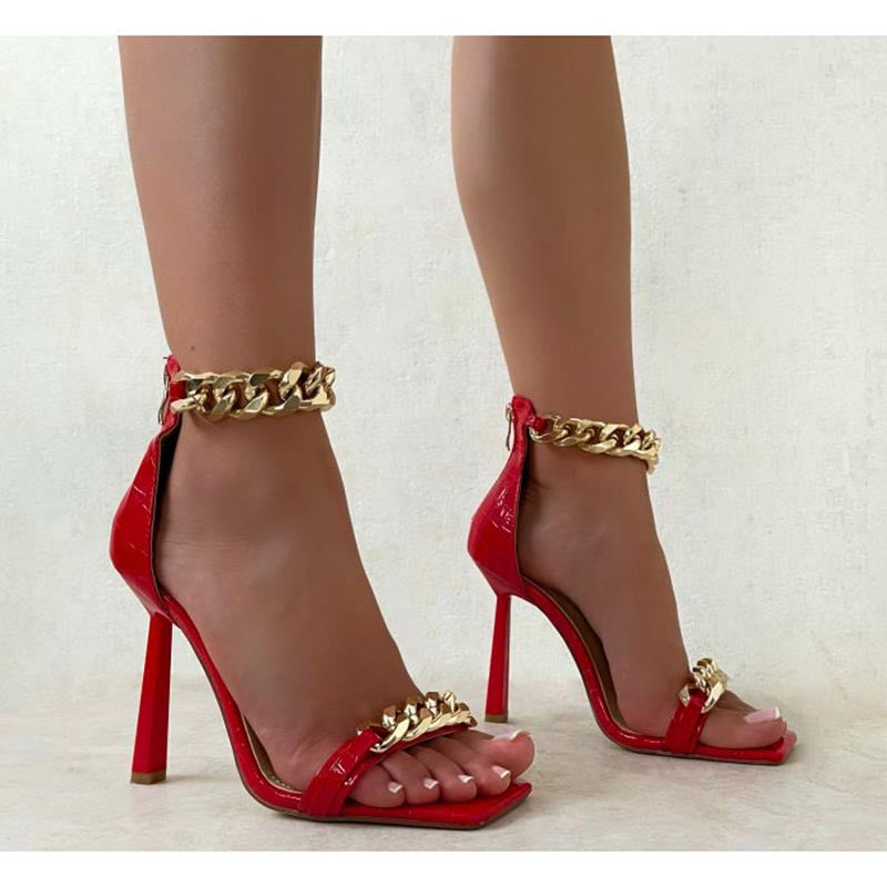 New stiletto heels stone pattern chain ladies sandals