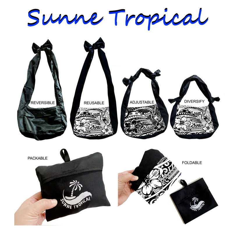 Sunne Tropical Polynesia Hawaiian Tribal Tattoo Adjustable Reversible Packable Tote Bag BLACK