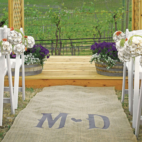 Personalized Burlap Aisle Runner with Vineyard Monogram Burlap with Delicate Lace Borders