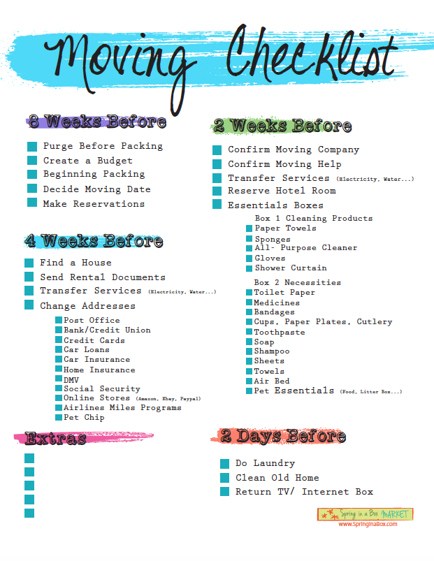 Printable Moving checklist A5 Bullet Journal Spring in a Box Market