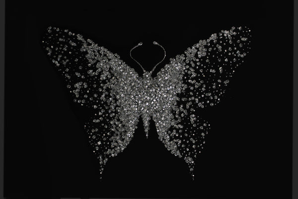 Silver Glitter Cluster Butterfly on Black Glass Mirror Art