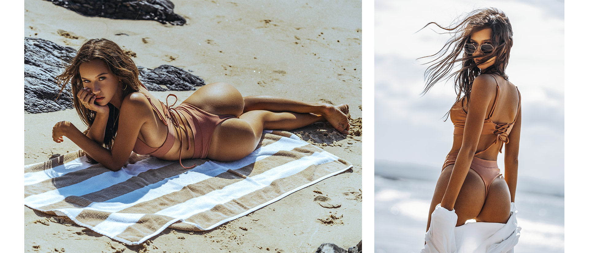 Isabelle Mathers wearing the For You Rosebud Bikini Crop Set while lying down on a beach