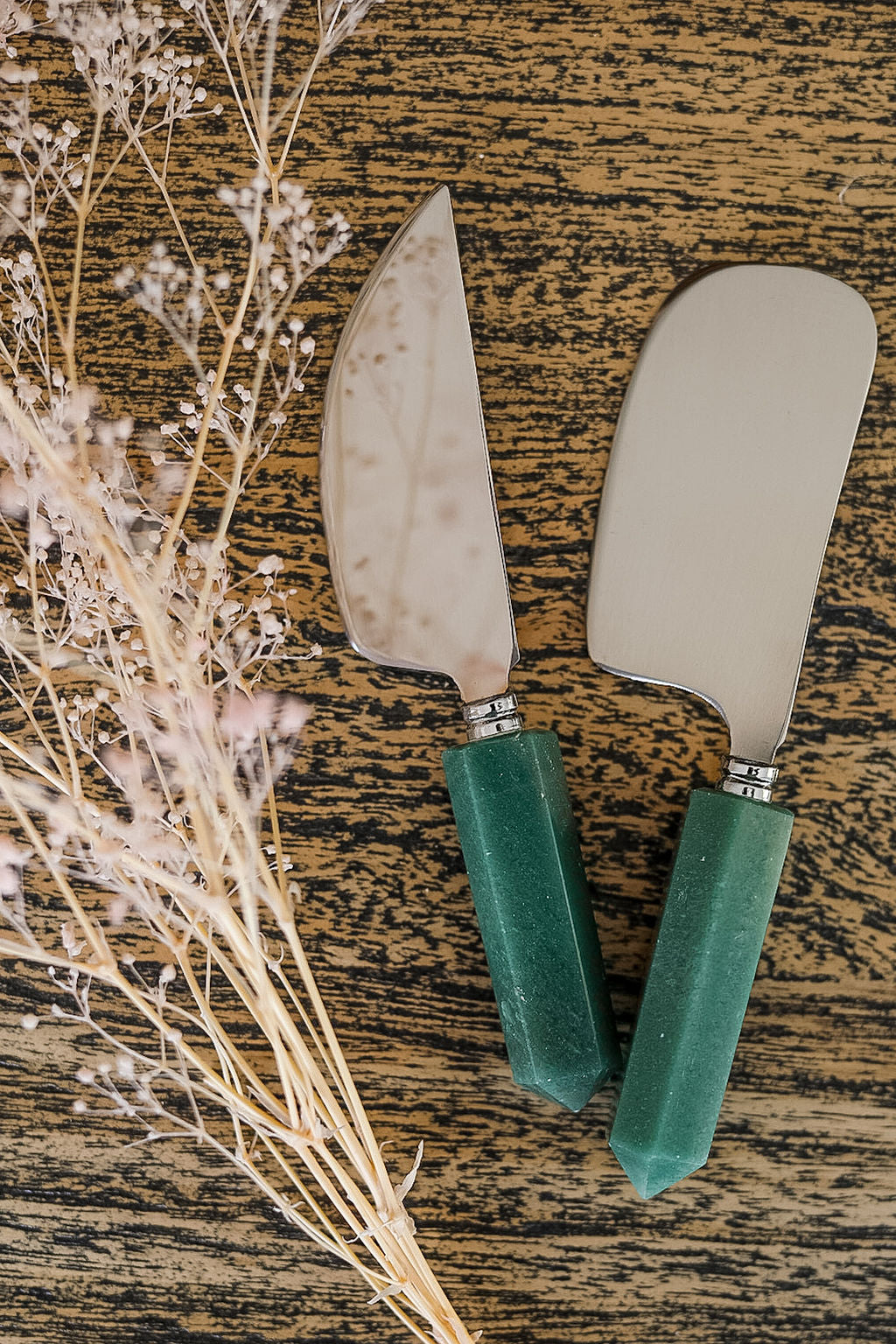two crystal cheese knives in adventurine 