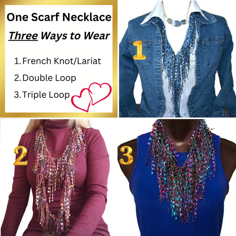 Infographic showing three ways to wear the Scarf Necklace from ScarfLady. Blue Scarf Necklace shown on denim jacket, multicolor Scarf Necklace on red dress and turquoise and purple Scarf Necklace shown on blue dress. , turquoise Scarf Necklaces shown on