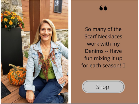 Fall outfit with jean jacket and scarf necklace worn on a women sitting on porch