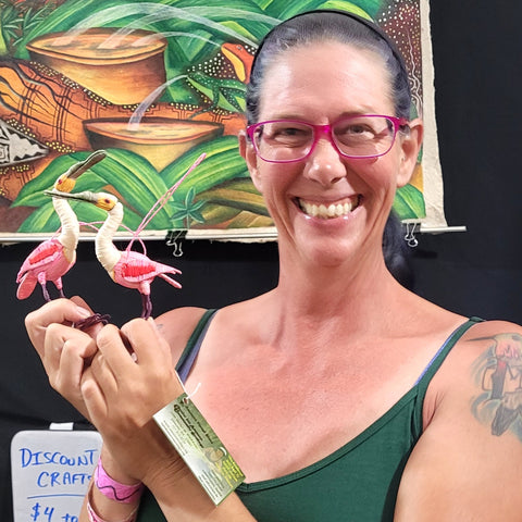 Bird lover with roseate spoonbill ornaments