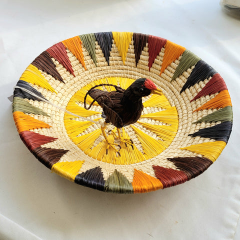 Amazon wattled jacana ("tuqui tuqui") ornament in a chambira palm fiber basket at the Philadelphia Folk Festival