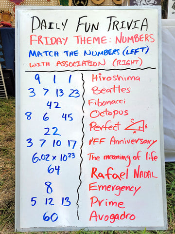 Number theme trivia questions at the Amazon Ecology booth at the Philadelphia Folk Festival