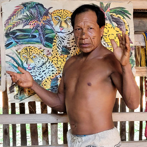 Bora artist Percy Diaz displaying his llanchama tree bark paintings