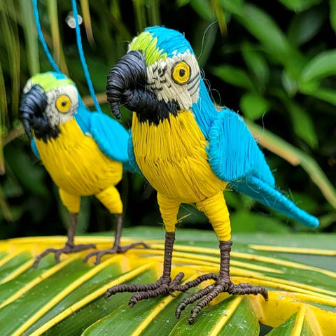 Blue and gold macaw ornaments woven with chambira palm fiber