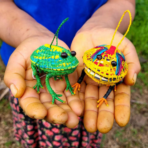 Chambira woven frogs made by artisans at Chino