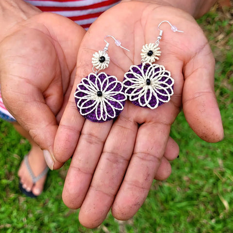 Chambira palm fiber earrings made by Estelita Loayza from Chino