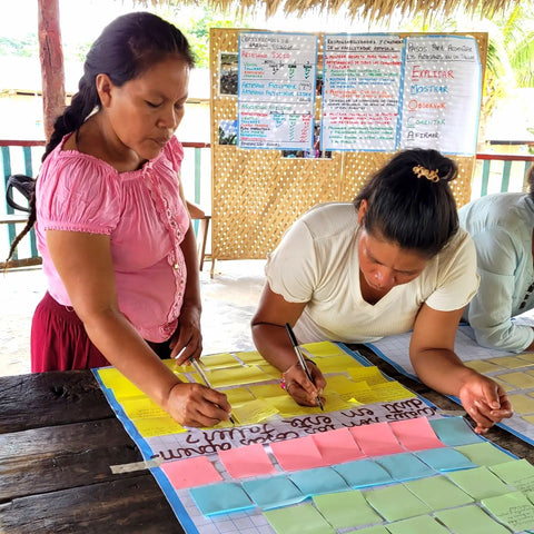 Artisans filling out evaluation of Amazon Ecology artisan facilitator training workshop at Amazonas