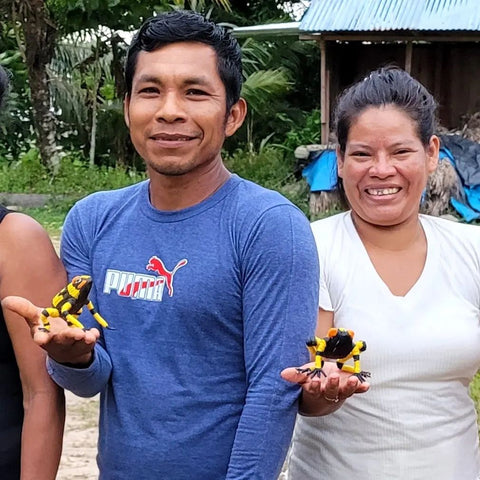 Wenceslao Sandi and Miriam Pinedo with poison arrow frog ornaments at Amazon Ecology artisan facilitator training workshop at Amazonas