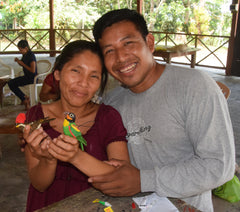 Artisan pair from San Francisco with woven bird ornaments.  Photo by Campbell Plowden/Amazon Ecology
