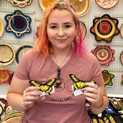 Elle with yellow butterfly ornaments from Amazon Ecology at the Billstown Blues Festival