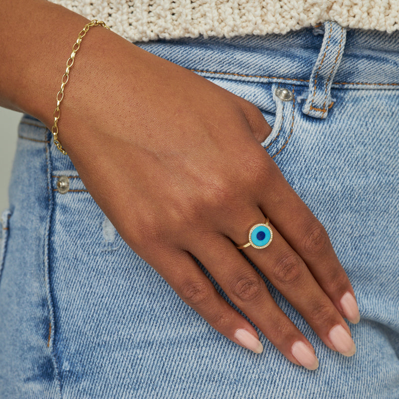 Mini Turquoise Inlay Evil Eye Ring with Diamonds - Size 7